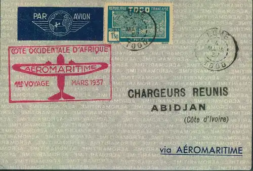 1937, airmail cover with cachet "AEROMARITIME 1er Voyage" from Lome