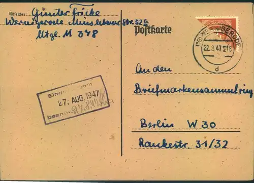 1947, 24 Pfg. Ziffer halbiert auf Bedarfs-Postkarte unbeanstandet mit viel Text ab (10) WERNIGERODE nach Berlin.