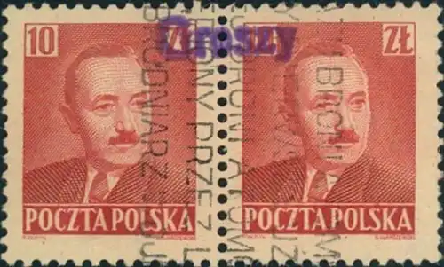 1950, 10 Zl. Bierut, horizontal pair handstamped "Groszy" over both stamps