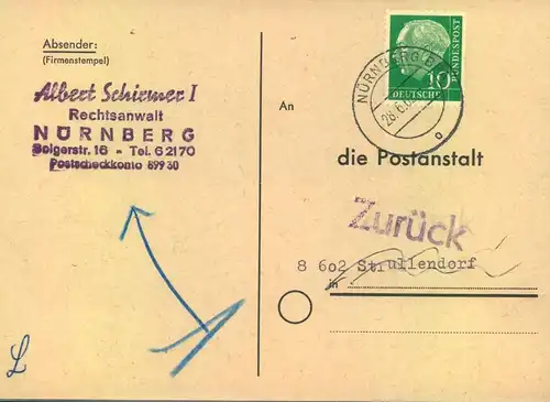 1962, 10 Pfg. Heuss I auf Anschriftenprüfung ab NÜRNBERG, selten