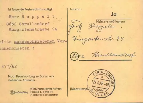 1962, 10 Pfg. Heuss I auf Anschriftenprüfung ab NÜRNBERG, selten