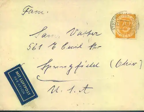 1953, 70 Pfg. Posthorn als Einzelfrankatur auf Luftpostbrief "STUTTGART" - USA