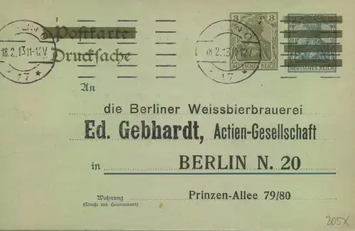 1913, 3 Pfg. Drucksachenkarte der Berliner Brauerei "Gebhardt"-Bestellkarte