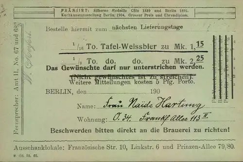 1913, 3 Pfg. Drucksachenkarte der Berliner Brauerei "Gebhardt"-Bestellkarte