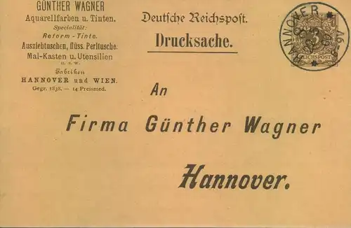 1890, Privatgazsachenkarte 3 Pfg. Krone/Adler "Güter Wagner Hannover", Reklame "Pelikan"