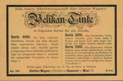 1890, Privatgazsachenkarte 3 Pfg. Krone/Adler "Güter Wagner Hannover", Reklame "Pelikan"