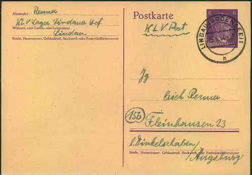 1944, 6 Pfg. Ganzsachenkarte aus dem KLV-Lager "Lindauer Hof", ab "LINDAU (BODENSEE)