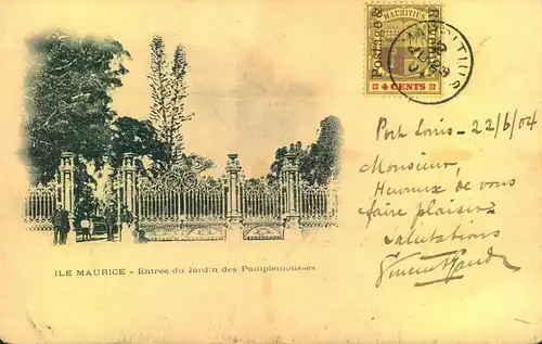 1904, Picture postcard (Entre du Jard des Pamplemousses) franked with 24 Cents coat of arms.