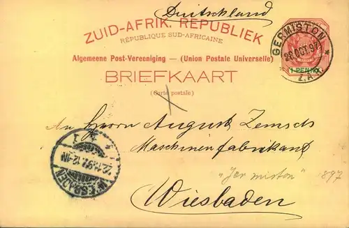 1897, 1 Penny stationery postcard from "GERMISTON" to Germany