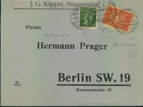 1922, Brief ab NEUGERSDORF (SACHSEN) mit 5 Mark Querformat in besserer Farbe "c", geprüft