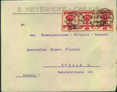 1919, 10 Pfg. Nationalversammlung 3-mal auf Auslandsbrief. Nicht zulässig aber unbeanstandet