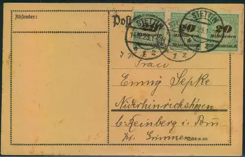 1923, "Dezemberkarte" mit 3-mal 20 Mia Krobdeckel  (Aufbrauch) ab "STETTIN 4.12.23"