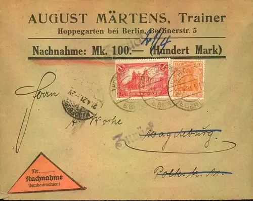 1921, Nachnahmebrief eines Pferdetrainers auf der Galloprennbahn "HOPPEGARTEN b. Berlin"
