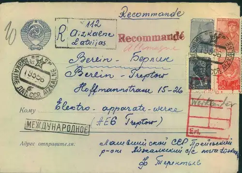 1956, stationery cover with additional franking registered from AIZKALNE to Berlin-Treptow