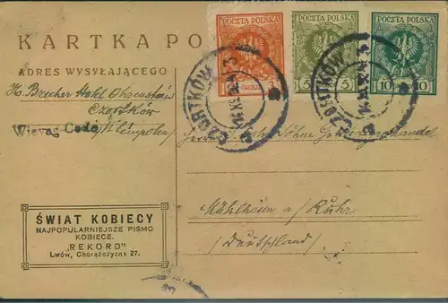 1924, polnish stationery card with additional franking from "CZORTKOW" with business imprint from LWOW