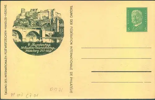 1932, Privatganzsache "9. Bundestag / Philatelistentag ', Heidelberg"