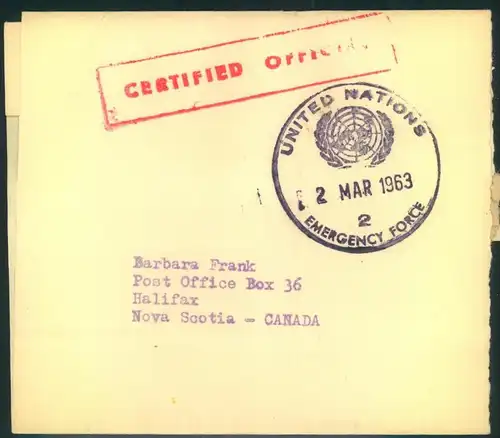 1963, wrApper from "UNITED NATIONS EMERGENCY FORCE" to Hlifax, Nova Scotia