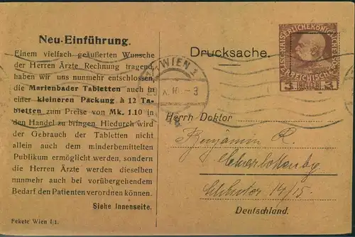 1910, 3 Heller Privatganzsache "Marienbader Tabletten" als Drucksache ab WIEN.