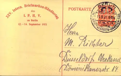1921, Internationale Briefmarken-Händlertagung Privatganzsache