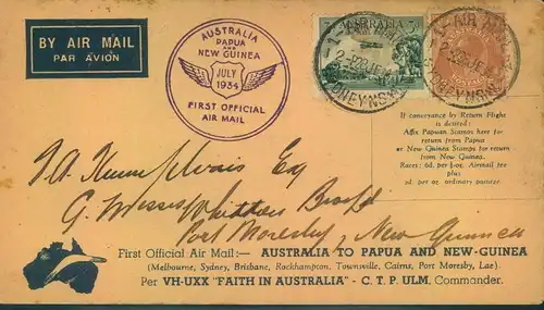 1934, first flight "AUSTRALIA TO PAPUA AND NEW GUINEA" Sydney to Porto Moresby