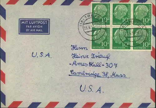 1958, 10 Pfg.Heuss 6-er-Block auf Luftpostbrief ab TREYSA nach USA.