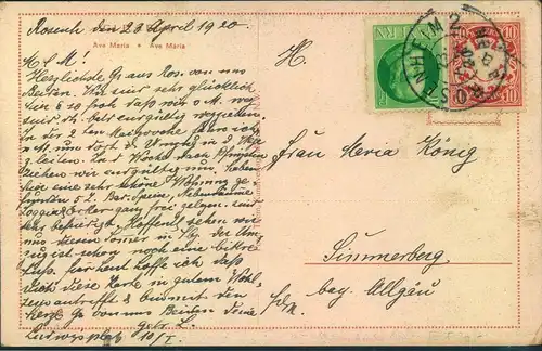 1920, späte Verwendung 5 Pfg. Wappen auf AK ab "ROSENHEIM 23:. APR 20"