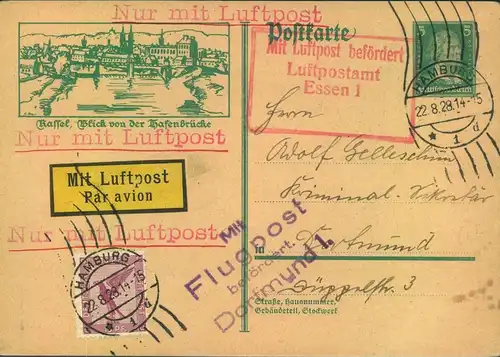 1928, dekorative Luftpostkarte ab Hamburg mit Bestätigung von Essen 1 und Dortmund