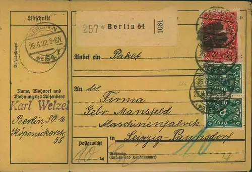 1922, komplette Inlandspaketkarte ab BERLIN 54