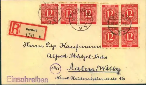 1947, 7-mal 12 Pfg. Ziffer Einschreiben ab BERLIN 9