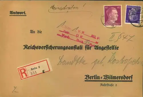 1943, Orts-Einschreiben 2. Gewichtsstufe ab "BERLIN W 9 mit 6 und 40 Pfg. Hitler