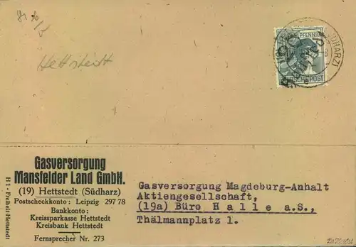 1948, Bezirkshandstempel "20",,"HETTSTEDT 10.7.48" 12. Pfg. Arbeiter