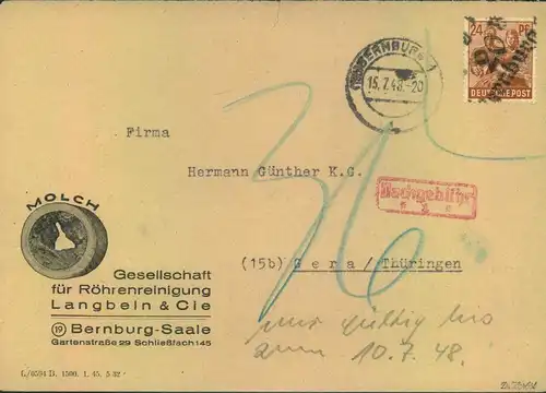 1948, Bezirkshandstempel "20",,"BERNBURG 15.7.48" außerhalb der Gültigkeit mit Nachporto
