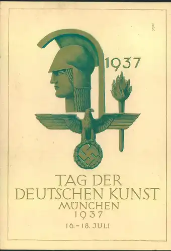 1937, "TAG DER DEUTSCHEN KUNST" mit viel Text und Sonderstempel MÜNCHEN