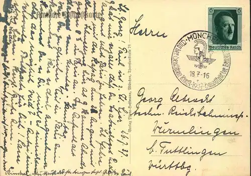 1937, "TAG DER DEUTSCHEN KUNST" mit viel Text und Sonderstempel MÜNCHEN