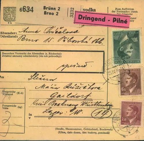 1944, Paketkarte aus dem Protektorat §BRÜNN" in das Lager "W." in Gaildorf