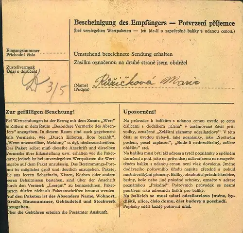 1944, Paketkarte aus dem Protektorat §BRÜNN" in das Lager "W." in Gaildorf