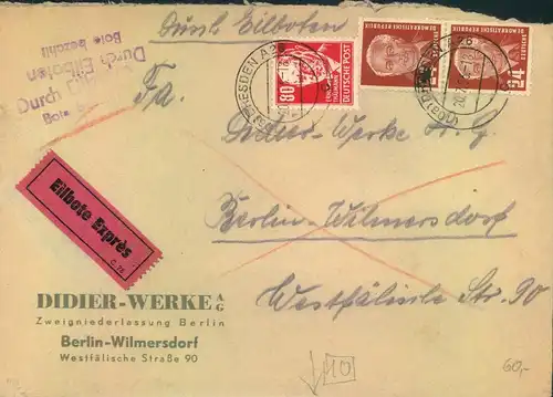 1953, Eilbrief ab DRESDEN mit 80 Pfg. Thälmann rot nach Berlin-Wilsmersdorf mit Minutenstempel