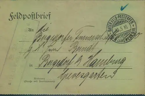 1915, Feldpost-Kartenbrief "BAYER. FELD-POSTEXPED. DER 6. LANDWEHR DIV."