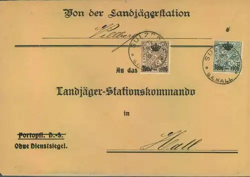 1906, Dienstbrief mit 2 und 3 Pfg. "Krönchen"-Aufdruck (Jubiläumsausgabe) ab SULZBERG O.A. HALL