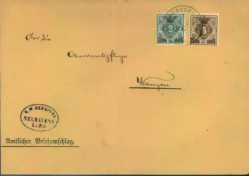 1906, Dienstbrief mit 2 und 3 Pfg. "Krönchen"-Aufdruck (Jubiläumsausgabe) ab RAVENSBURG