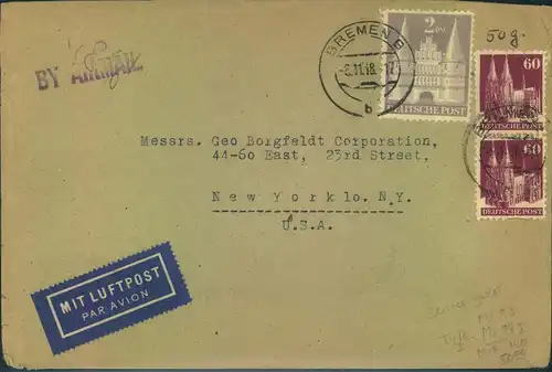 1948, schwerer (50 g) Luftpostbrief ab "BREMEN 6.11.48" in die USA