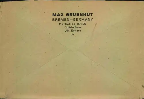 1948, schwerer (50 g) Luftpostbrief ab "BREMEN 6.11.48" in die USA