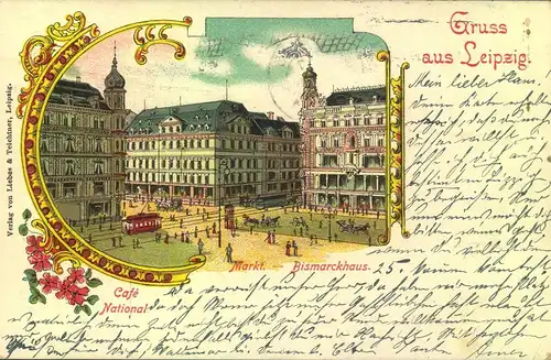1902, Farlitho "Gruss aus Leipzig" mit Bickerdike Fahnenstempel