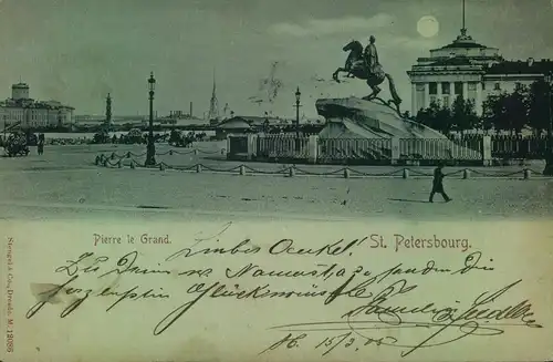 1905, picture postcard "St. Petersburg "Peirre la Grand" sent from Haida, Austria to Budapest