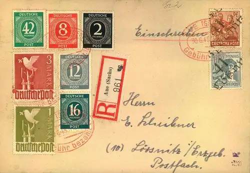 1948, Bezirkhandstempel "41" Lößnitz, 12 und 24 Pfg. AS in 10-fach Frankatur u.a mit 42 Pfg. Ziffer auf R-Brief ab AUE