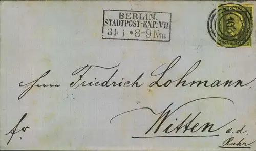 1851 (ca.), 3 Sgr. 1. Ausgabe mit Nummernstempel "103" auf Faltbriefhülle "BERLIN STADTPOST-EXP. VII2