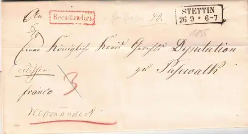 1855, Recommandierter Dienstbrief mit komplettem Inhalt ab STETTIN mit rotem Zackenkranzstempel