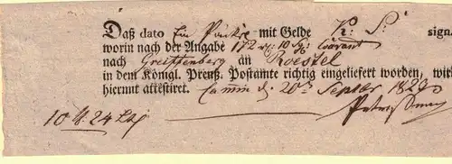 1829, Postschein für eine Galdsendung von CAMMIN nach Greiffenberg