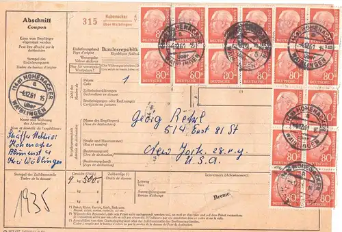 1961, Paketkarte mit u.a. zwei 4-er - und einem 10-er-Block 80 Pfg. Heuss II mit Zusatzfrankatur ab "HOHENACKER