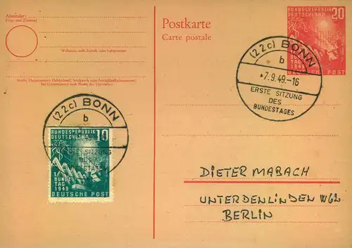 1949, 1. Bundestag 20 Pfg. Ganzsachenkarte und 10 Pfg. Sonderstempel vom Ersttag